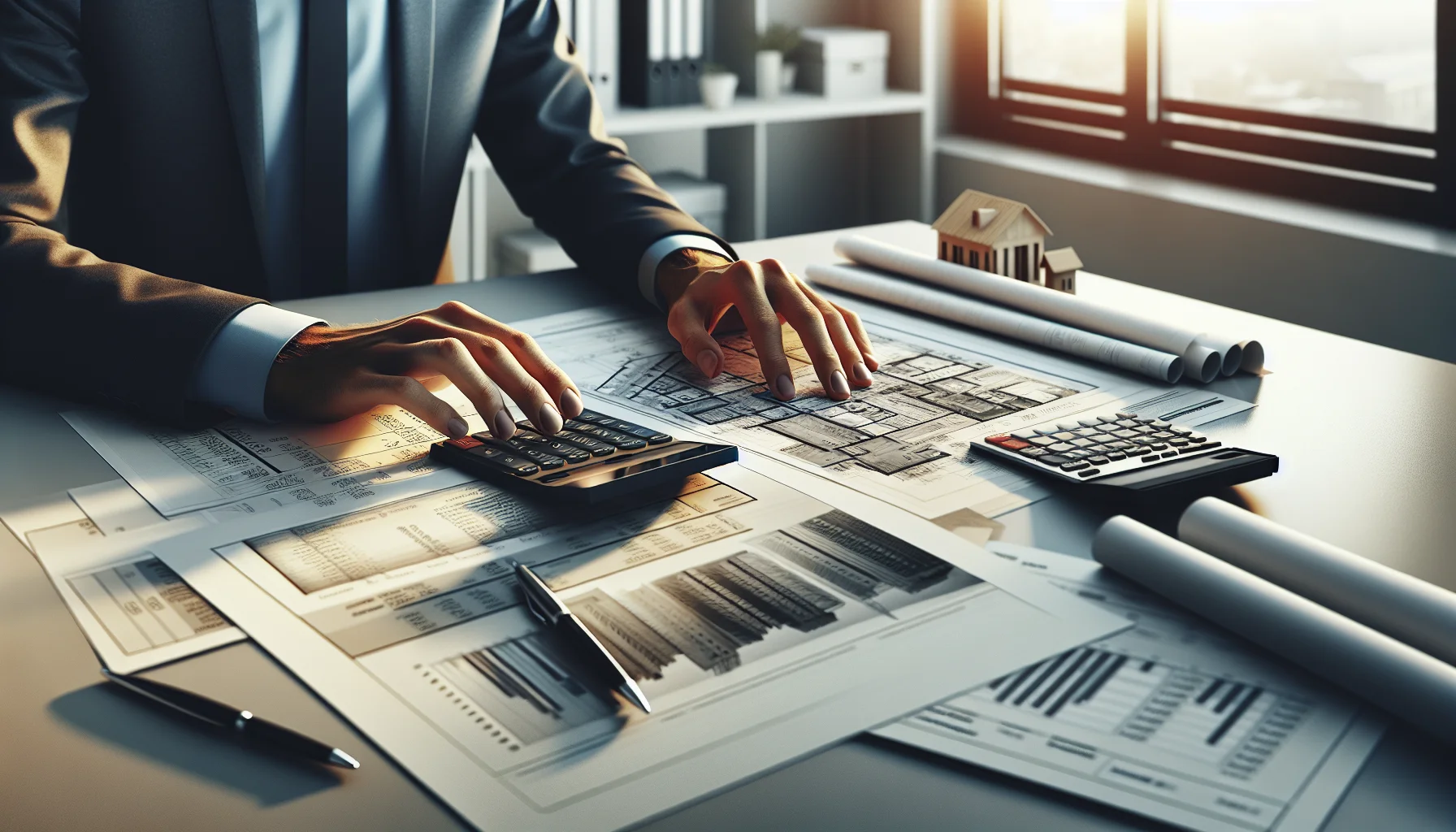 Finanzierungsberatung mit Dokumenten und Taschenrechner für Baufinanzierung Karlsruhe