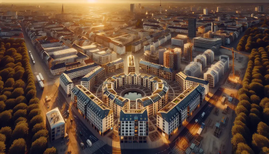 Luftaufnahme von Karlsruhe mit Wohngebäuden und Baustellen für Baufinanzierung