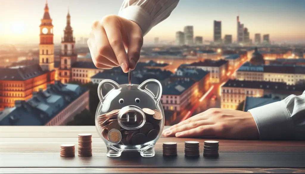 Altersvorsorge Karlsruhe - Münzen werden in Sparschwein gelegt mit Karlsruher Stadtsilhouette