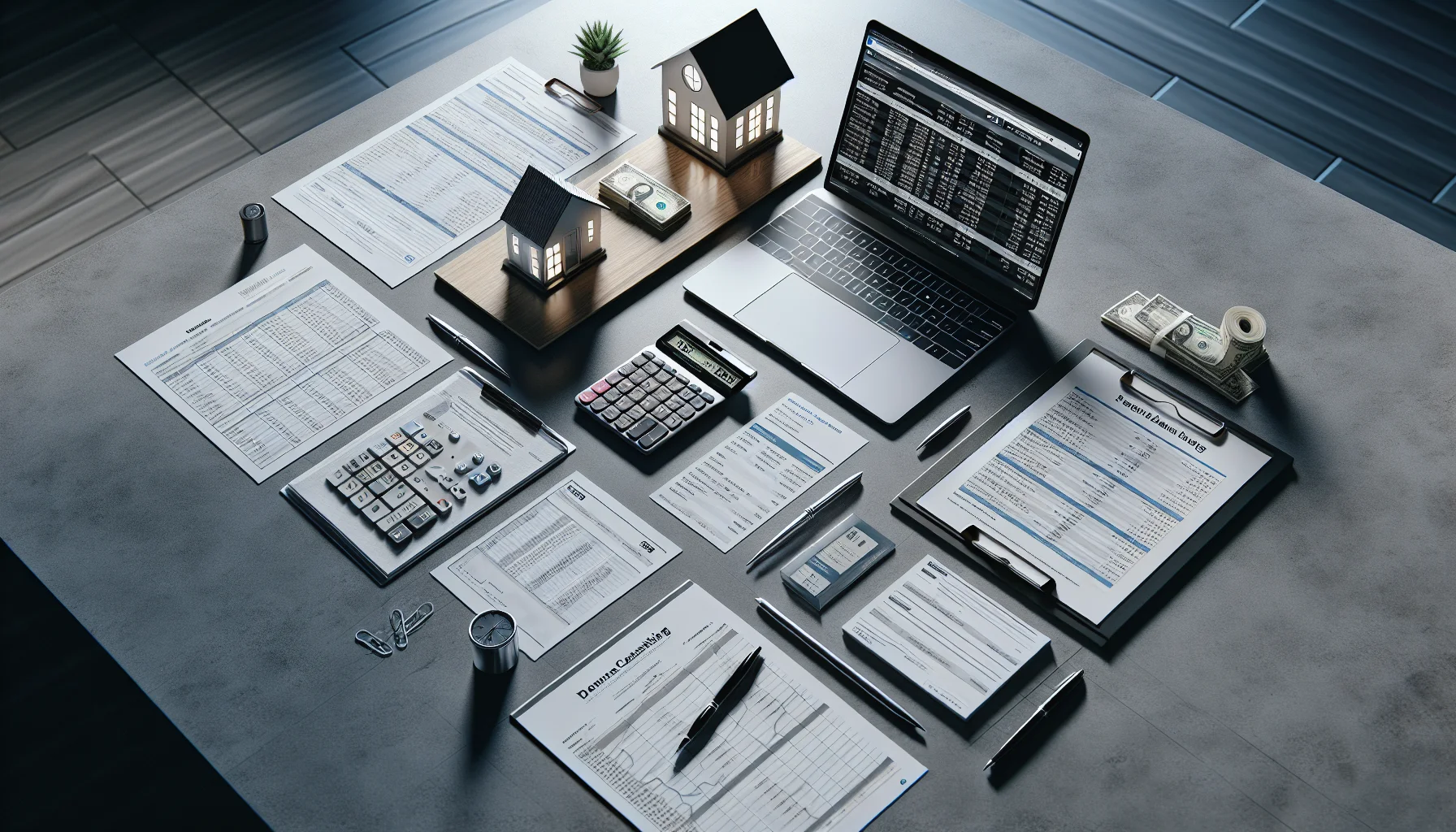 Baufinanzierung Unterlagen mit Taschenrechner und Hausmodell auf Schreibtisch