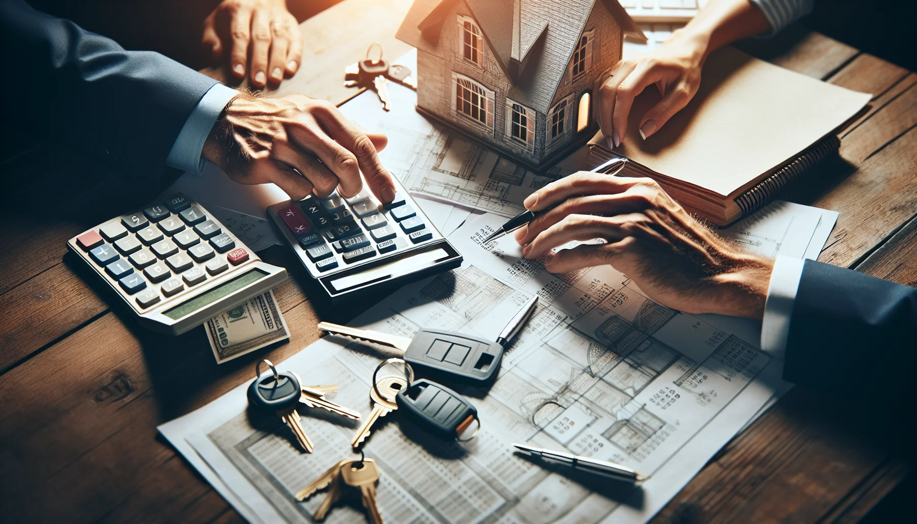 Baufinanzierungsberechnung mit Taschenrechner, Hausschlüsseln und Finanzierungsunterlagen