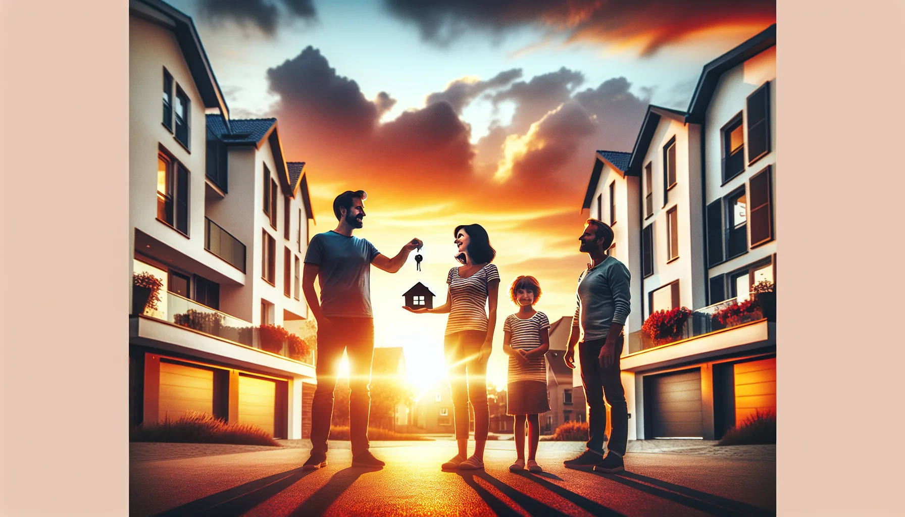 Erfolgreiche Immobilienfinanzierung - Familie vor neuem Eigenheim