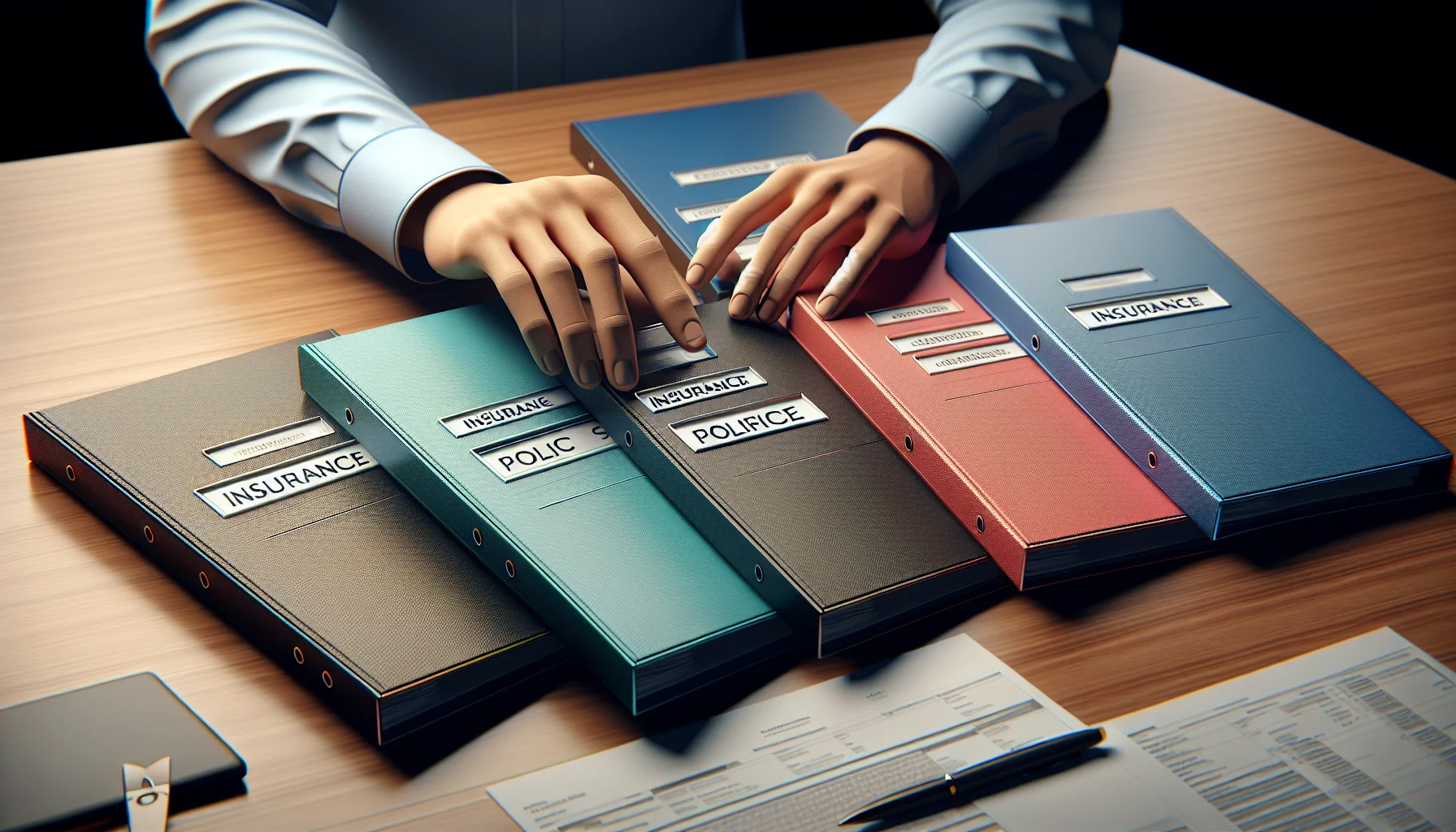 Fünf verschiedene Versicherungspolicen ordentlich arrangiert auf einem Schreibtisch