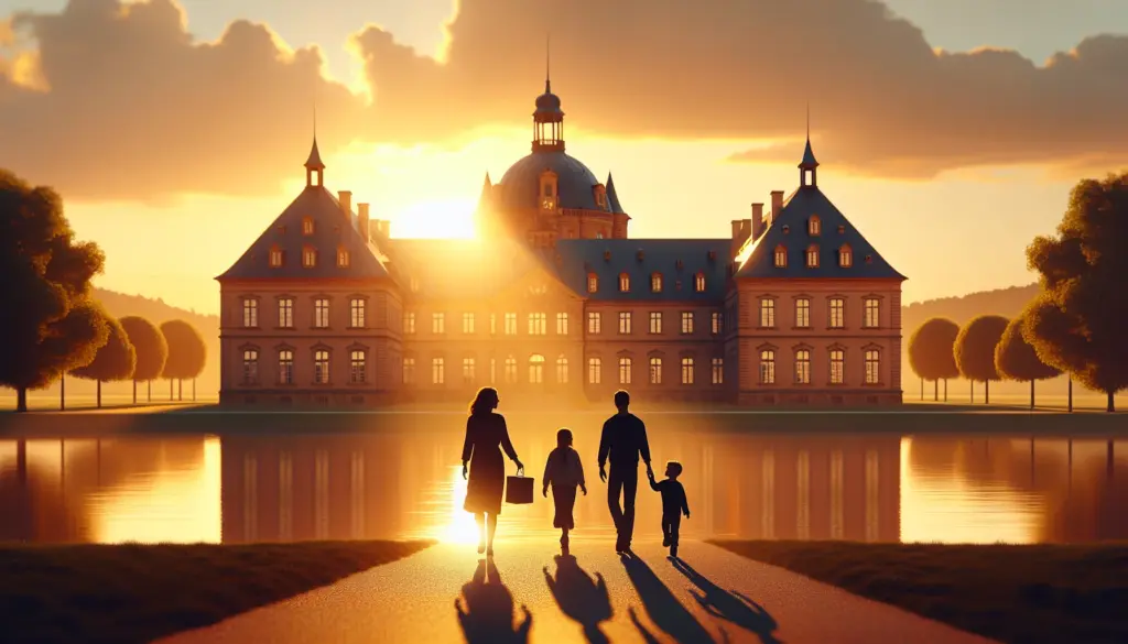 Familie spaziert bei Sonnenuntergang vor Karlsruher Schloss - Symbol für Familienschutz durch Risikolebensversicherung