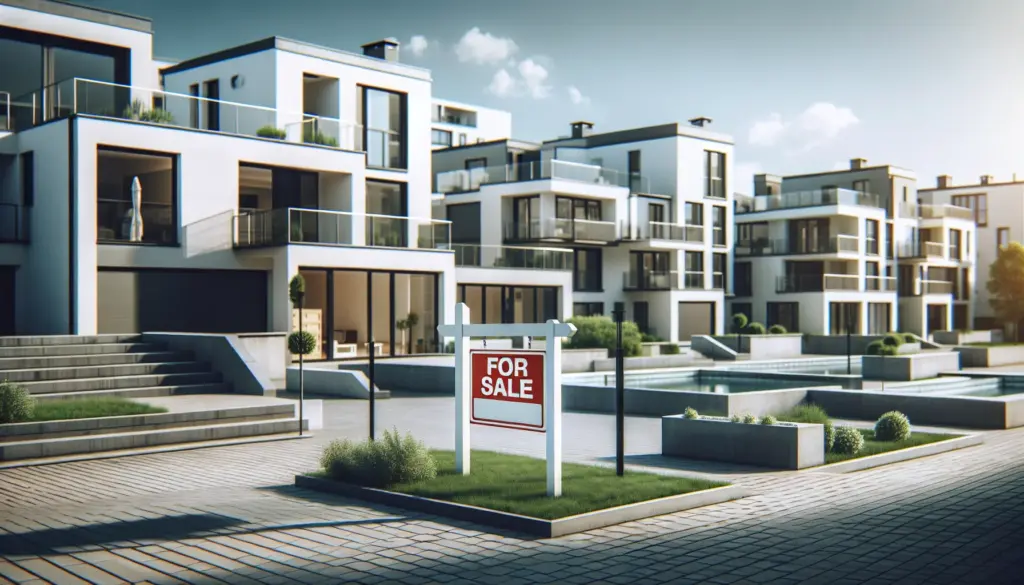 Immobilienmarkt Karlsruhe - Moderne Wohngebäude mit Verkaufsschild