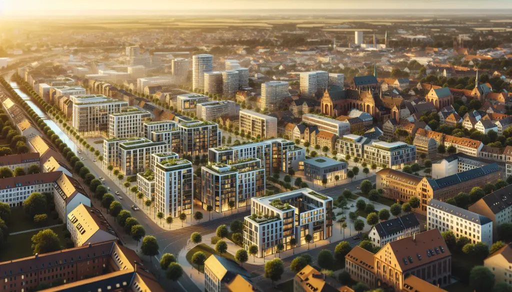 Luftaufnahme von Karlsruhe mit Wohngebäuden und Stadtentwicklung