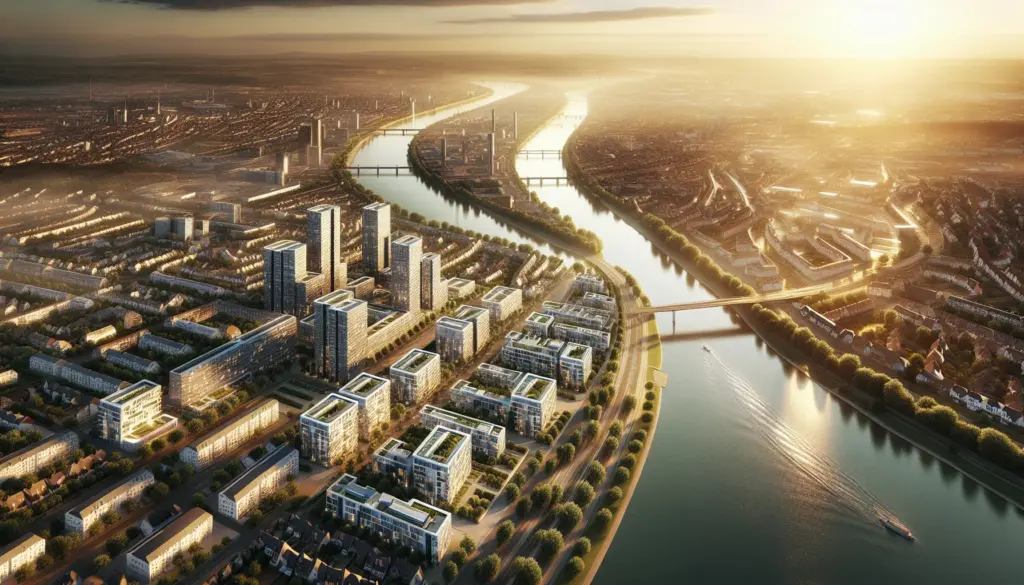 Luftaufnahme von Mannheim mit modernen Wohngebäuden entlang von Rhein und Neckar für Baufinanzierung