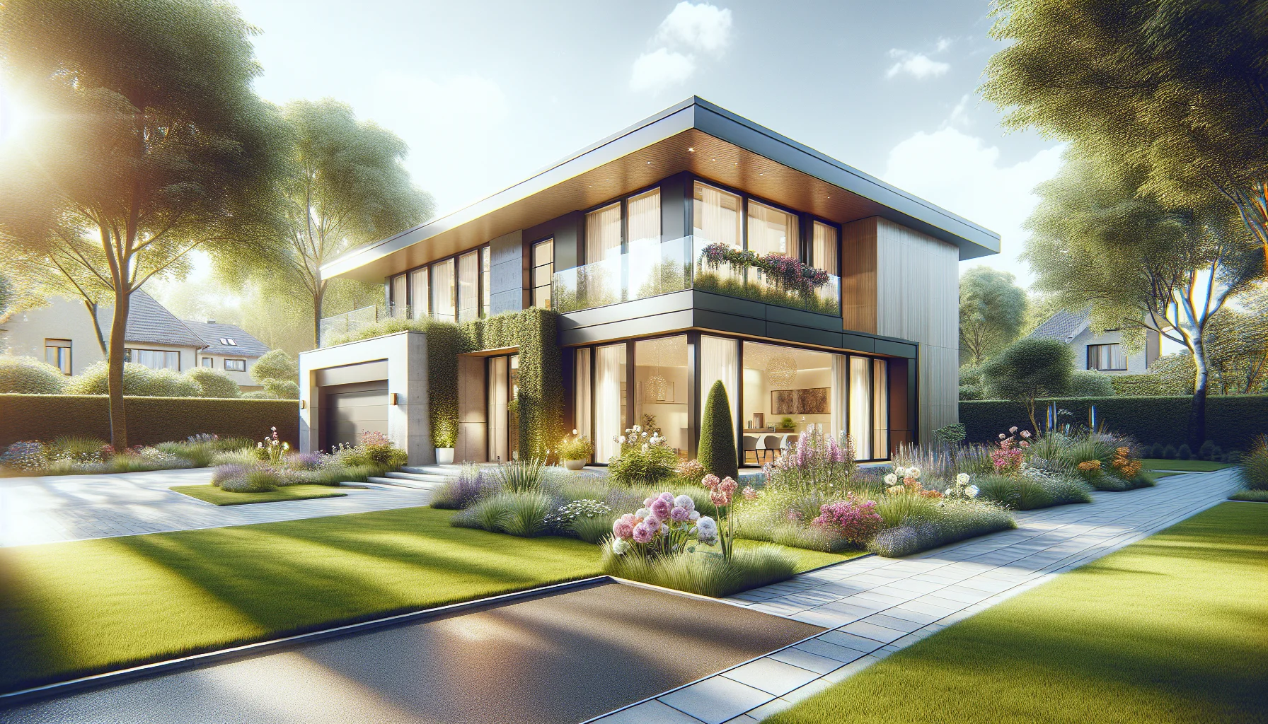 Modernes Einfamilienhaus mit gepflegtem Vorgarten als Ergebnis erfolgreicher Baufinanzierung