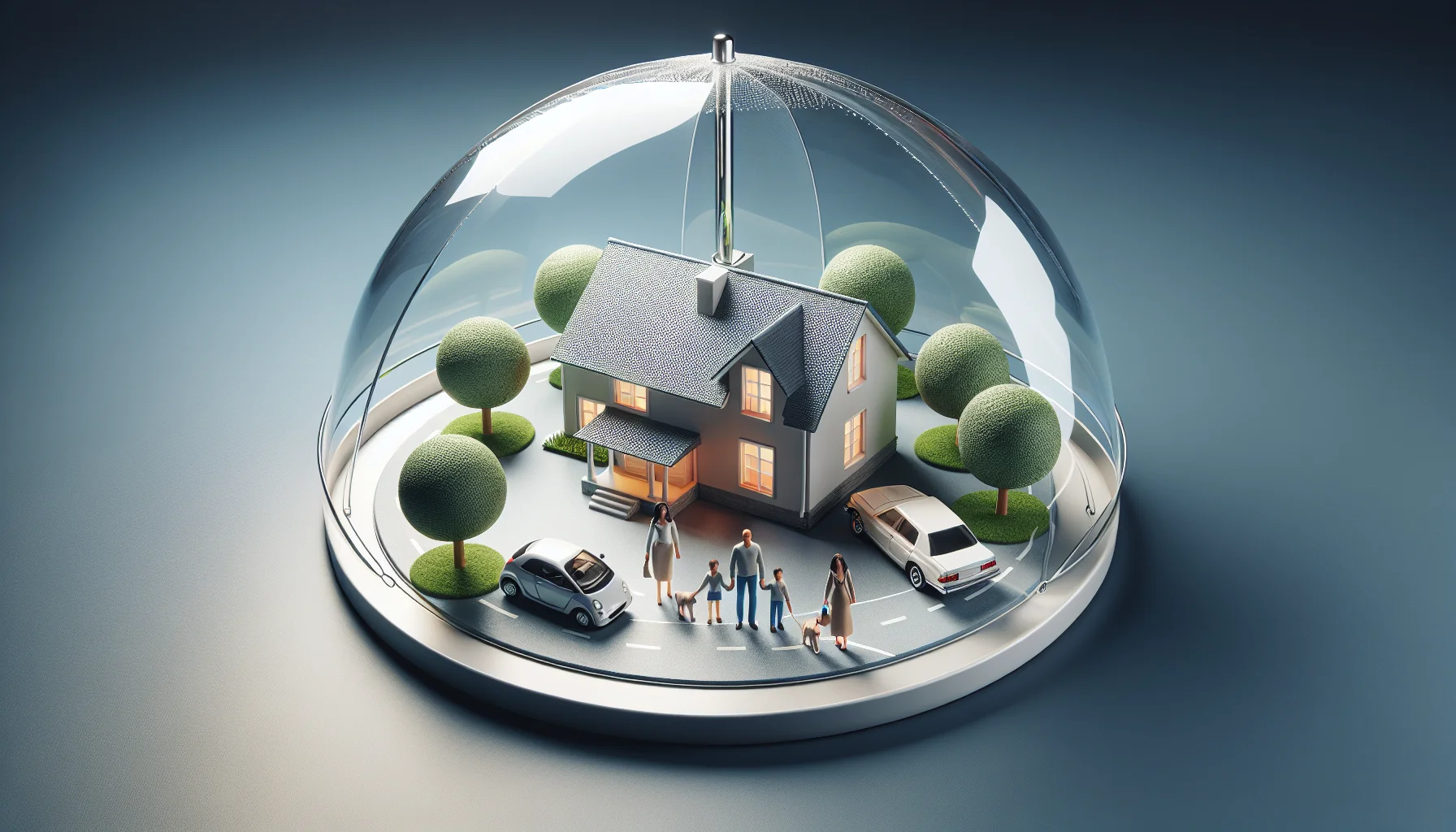Versicherungsschutz Übersicht mit Haus, Auto und Familie unter Schutzschirm