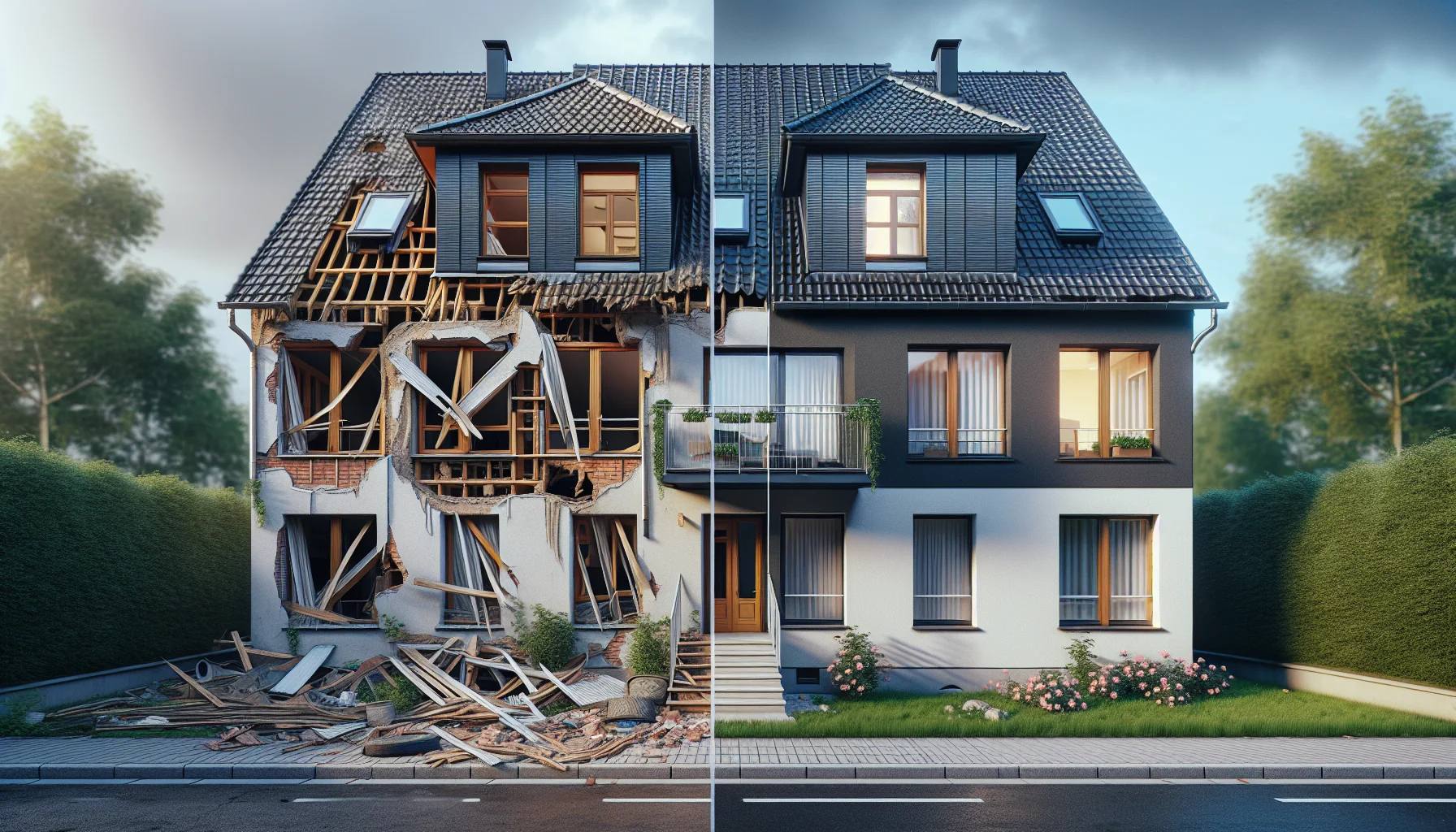 Vorher-Nachher Vergleich: Sturmschäden und vollständig saniertes Wohnhaus
