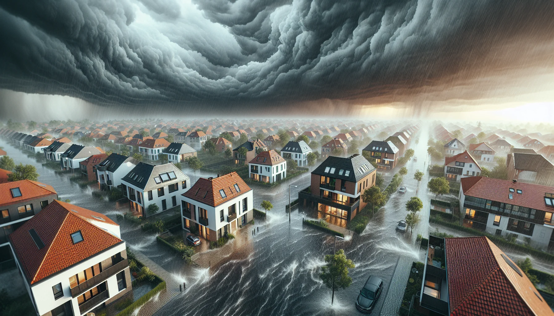 Wohngebiet in Karlsruhe während Sturm und Starkregen - Wohngebäudeversicherung notwendig