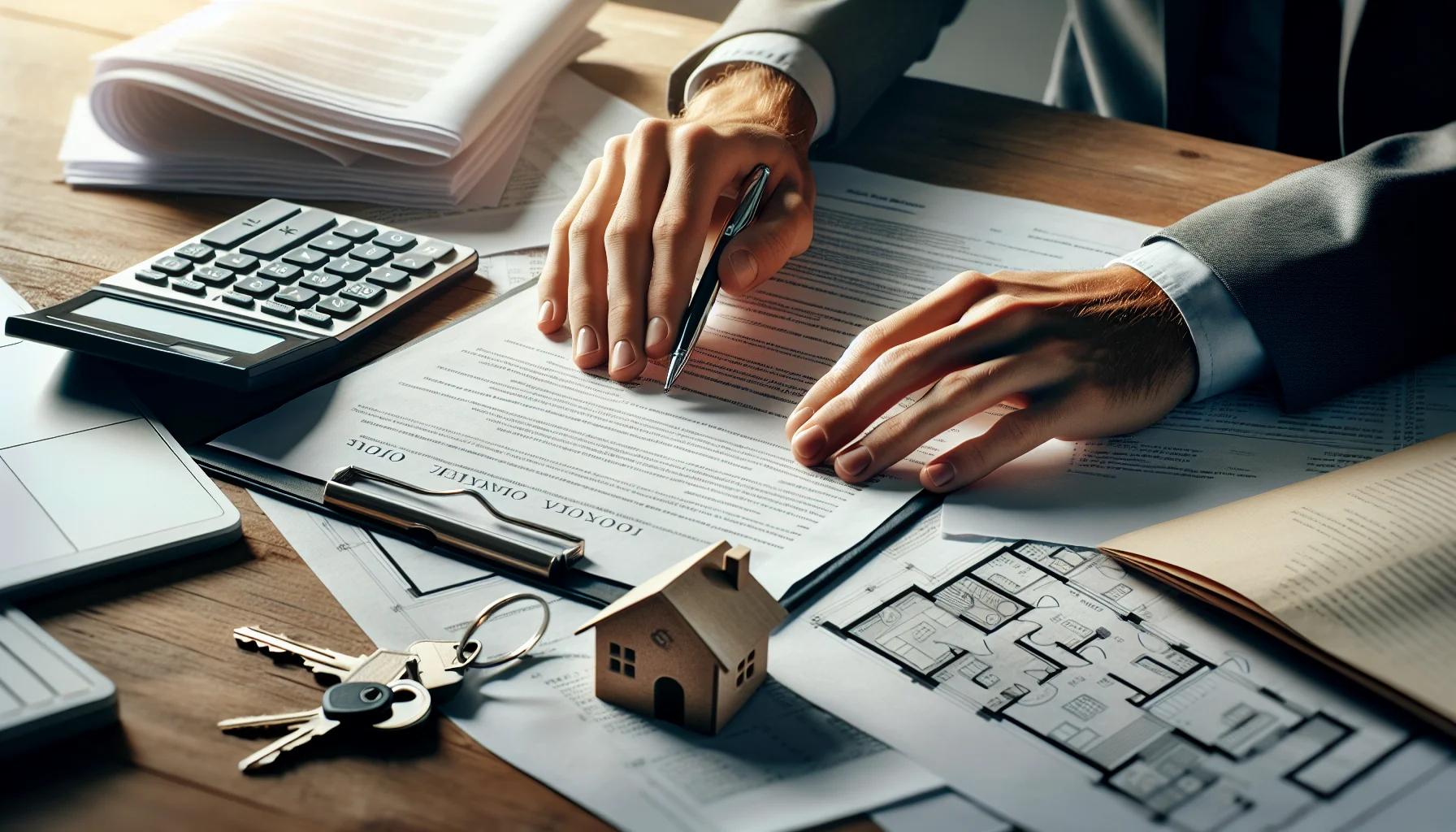 Baufinanzierungsunterlagen mit Taschenrechner und Hausschlüsseln