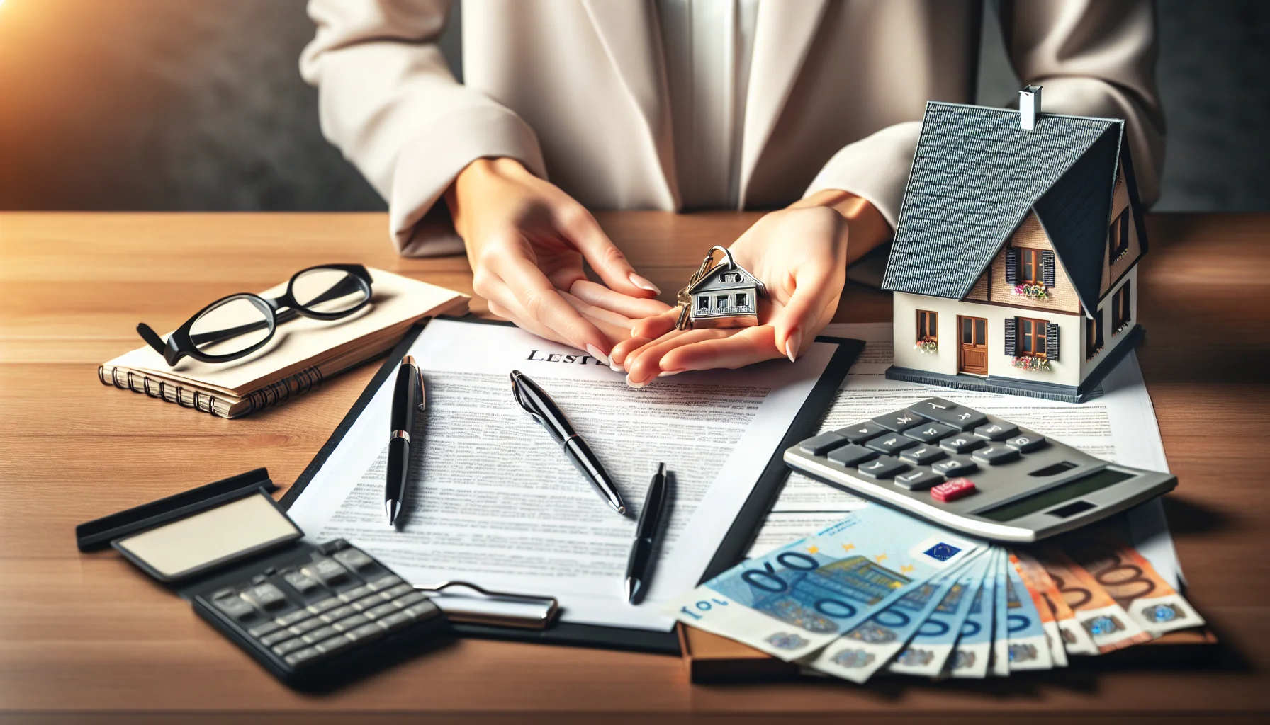 Hände mit Hausschlüsseln über Finanzierungsunterlagen und Taschenrechner