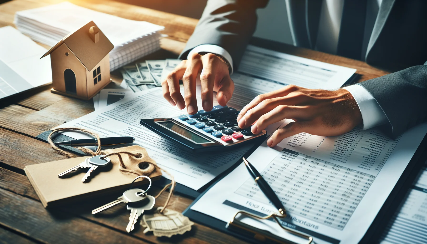 Kalkulation der Hauskauf-Kosten mit Taschenrechner und Finanzierungsunterlagen