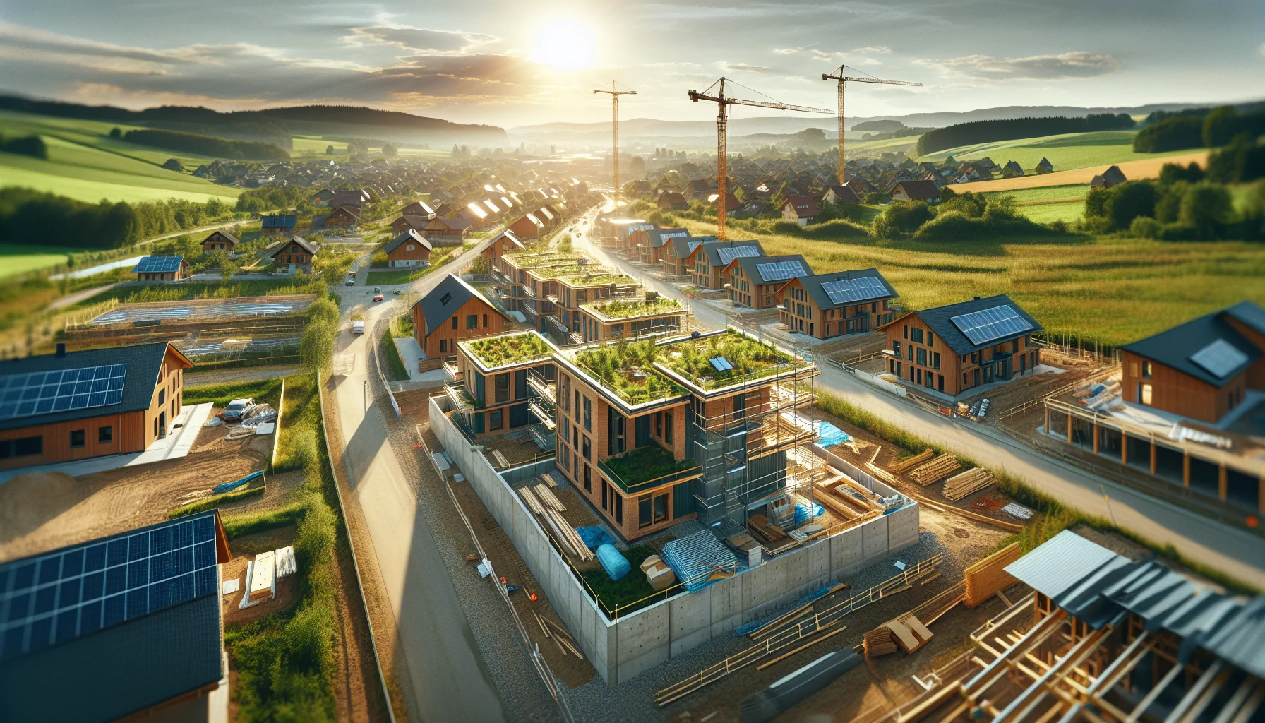 Moderne energieeffiziente Häuser im Bau in Baden-Württemberg mit Solaranlagen