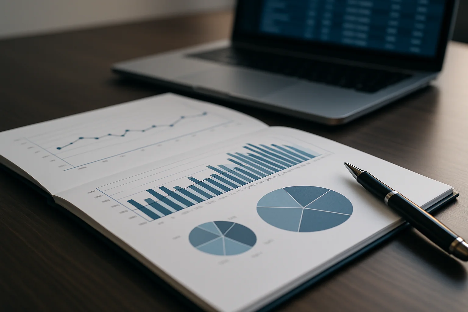 Finanzplan mit Diagrammen und Vermögensübersicht auf einem Schreibtisch – Prozess der Vermögensplanung Stuttgart
