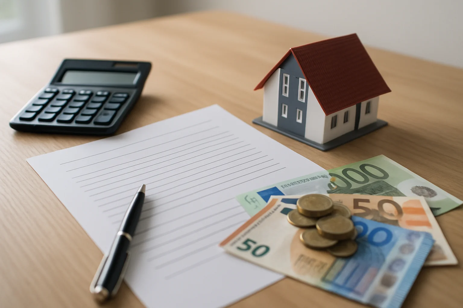 Kaufnebenkosten Immobilienfinanzierung – Unterlagen, Taschenrechner und Münzen auf einem Schreibtisch