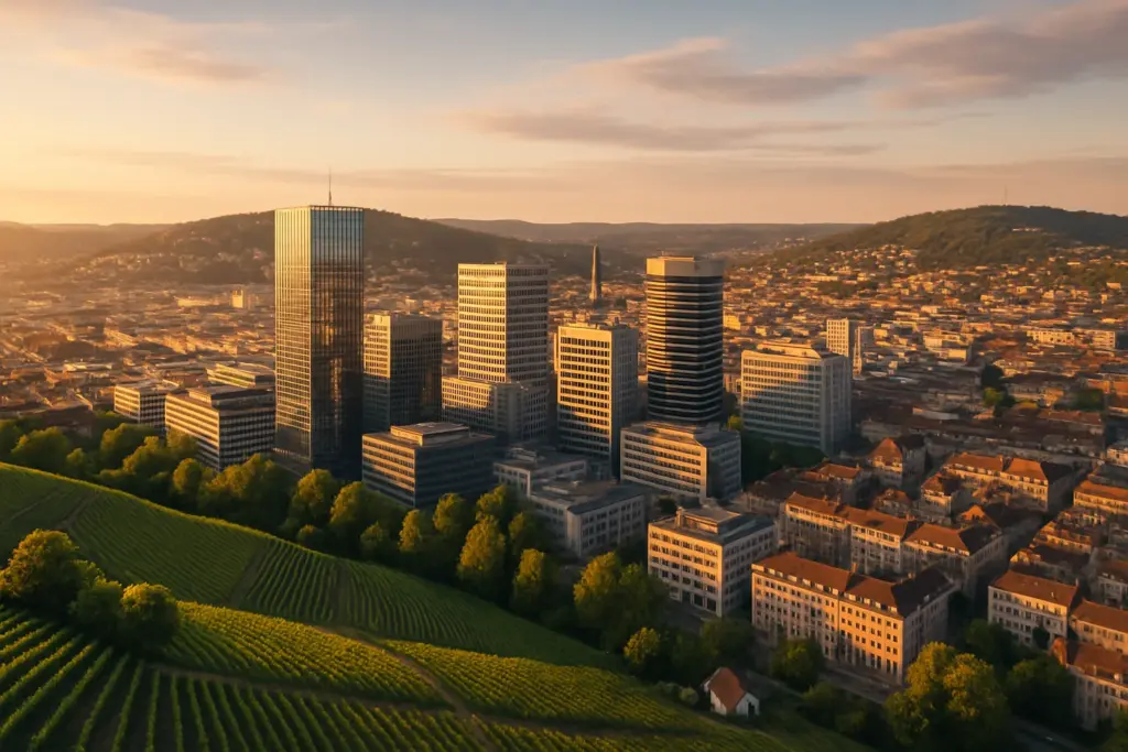Vermögensplanung Stuttgart – Stadtpanorama von Stuttgart mit modernen Finanzgebäuden und Weinbergen im Hintergrund
