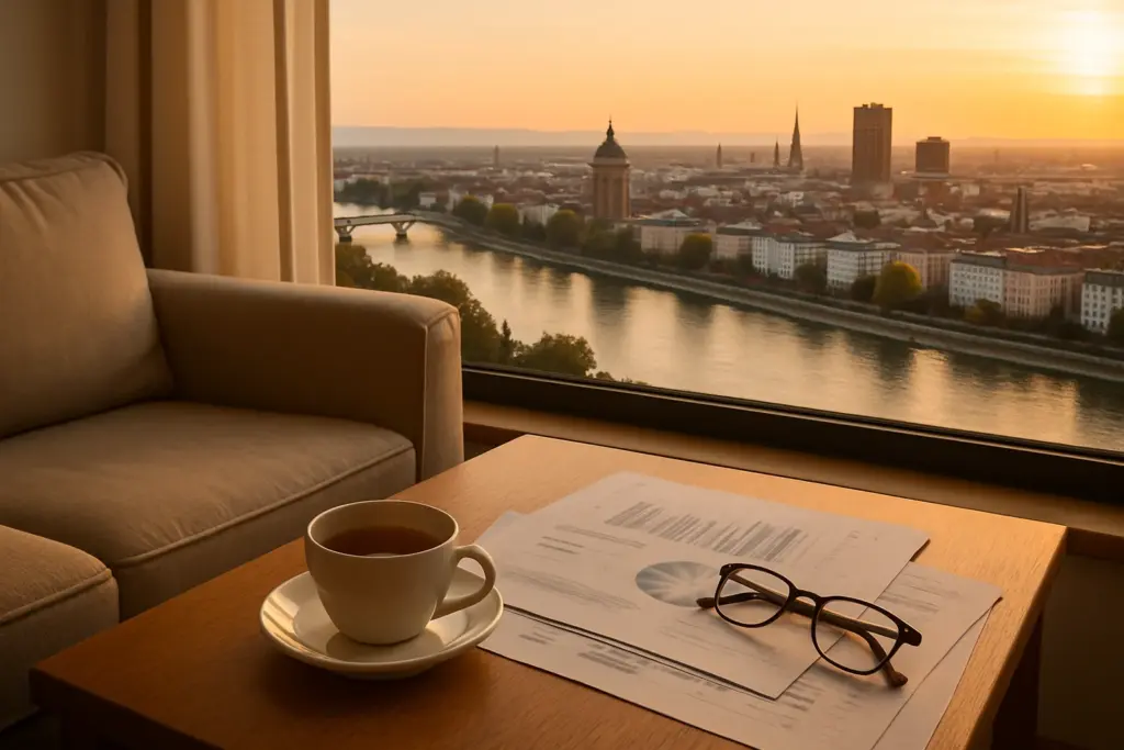Altersvorsorge Mannheim – Stadtblick Mannheim mit Rhein und gemütlichem Wohnzimmer als Symbol für finanzielle Absicherung im Alter