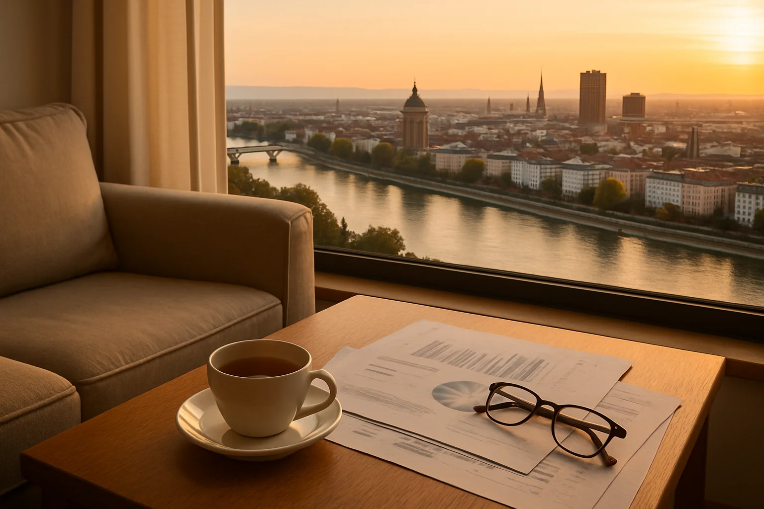 Altersvorsorge Mannheim – Stadtblick Mannheim mit Rhein und gemütlichem Wohnzimmer als Symbol für finanzielle Absicherung im Alter