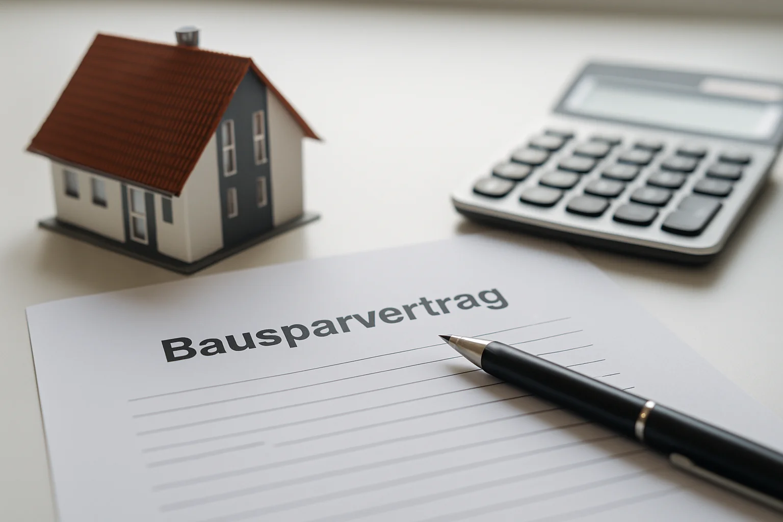 Bausparvertrag mit Hausmodell und Taschenrechner auf Schreibtisch – Bausparvertrag abschließen