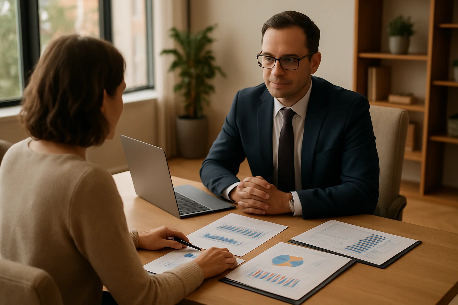Erstgespräch mit einem Finanzberater in der Nähe – professionelle Beratungssituation am Schreibtisch