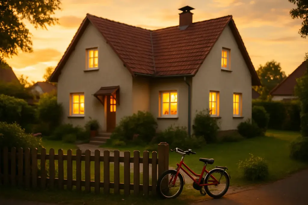 Familienhaus in Karlsruhe bei Sonnenuntergang – Risikolebensversicherung Karlsruhe für Familien