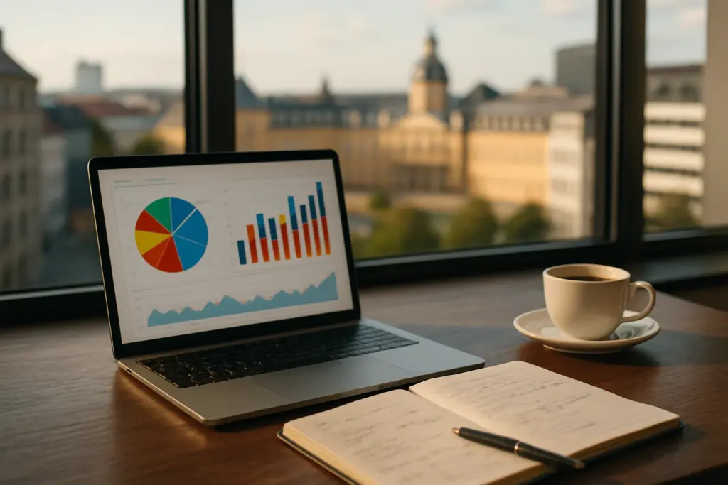 Geldanlage Karlsruhe – moderner Finanzberatungs-Arbeitsplatz mit Investment-Charts und Stadtblick