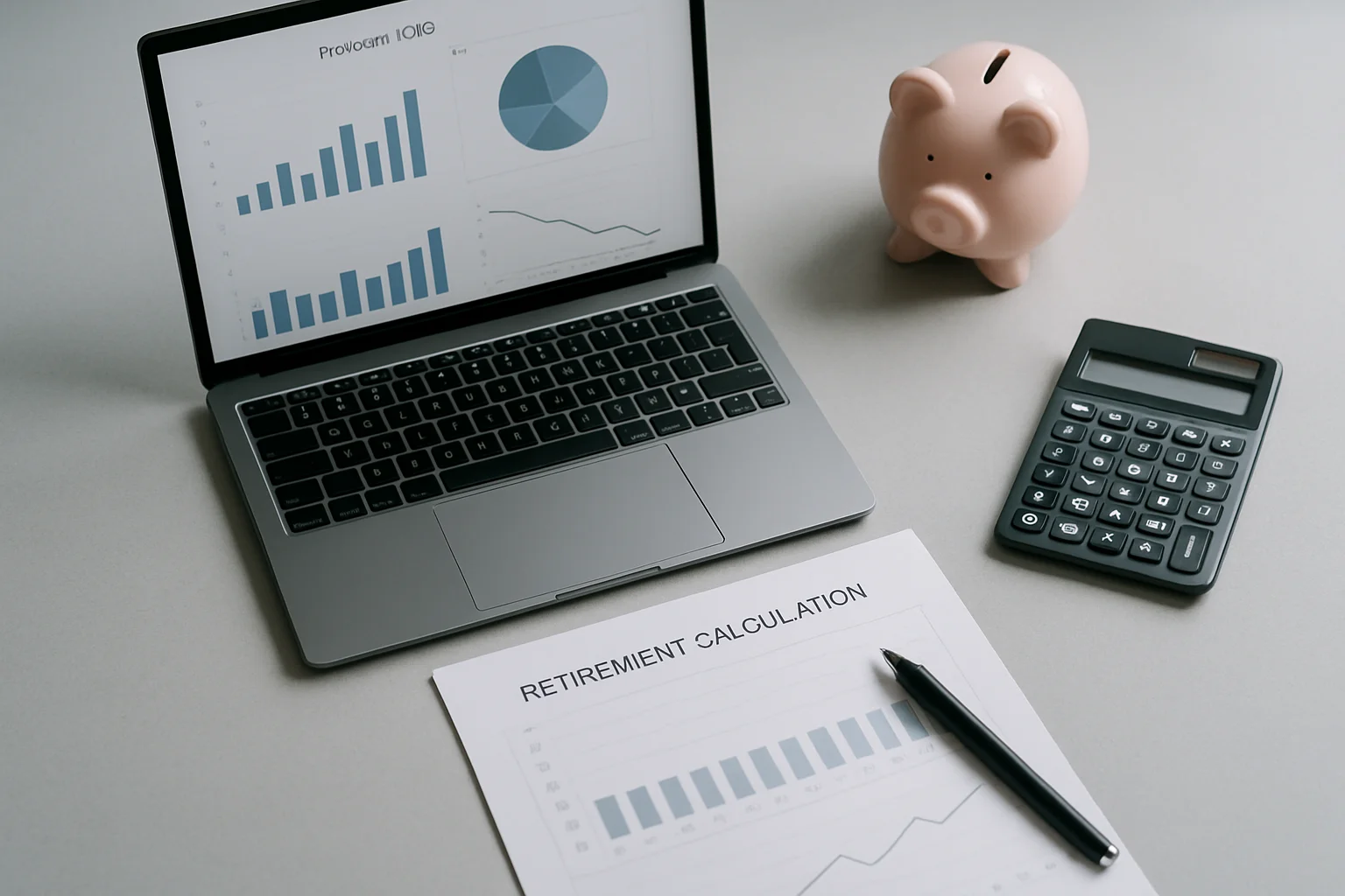 Rentenlücke berechnen – Schreibtisch mit Rentenberechnung, Diagrammen und Taschenrechner zur Altersvorsorgeplanung