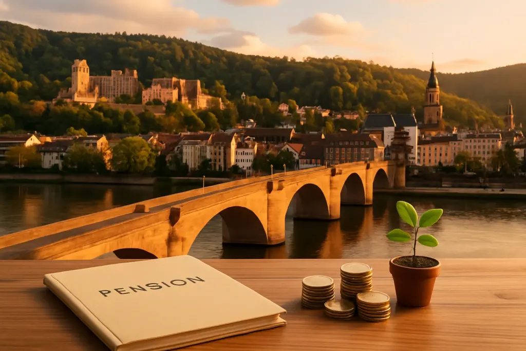 Riester Rente Heidelberg – Blick auf Heidelberg mit Altersvorsorge-Unterlagen im Vordergrund