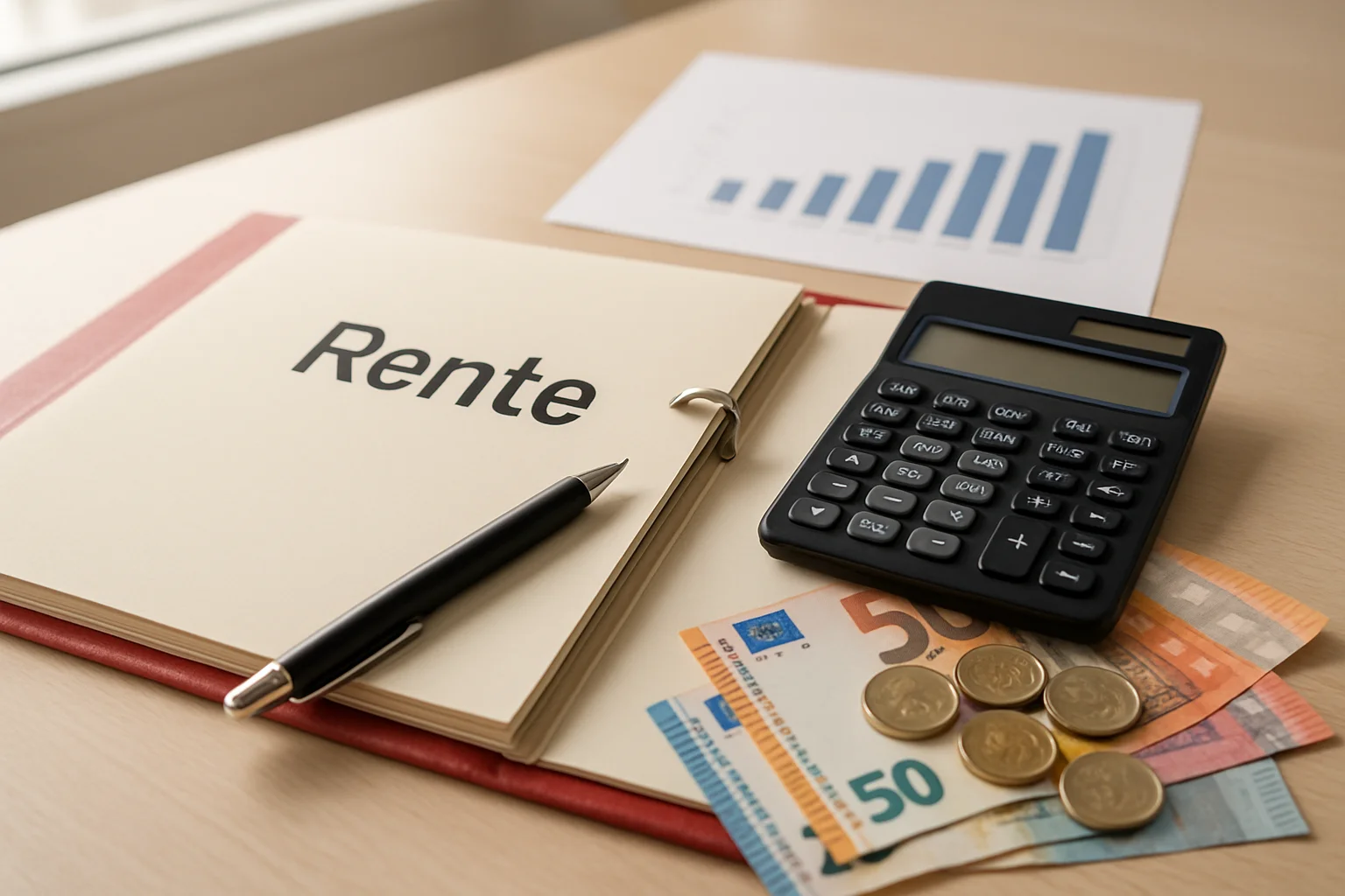 Riester Rente Zulagen und Steuervorteile – Dokumente, Taschenrechner und Euro-Münzen auf einem Schreibtisch