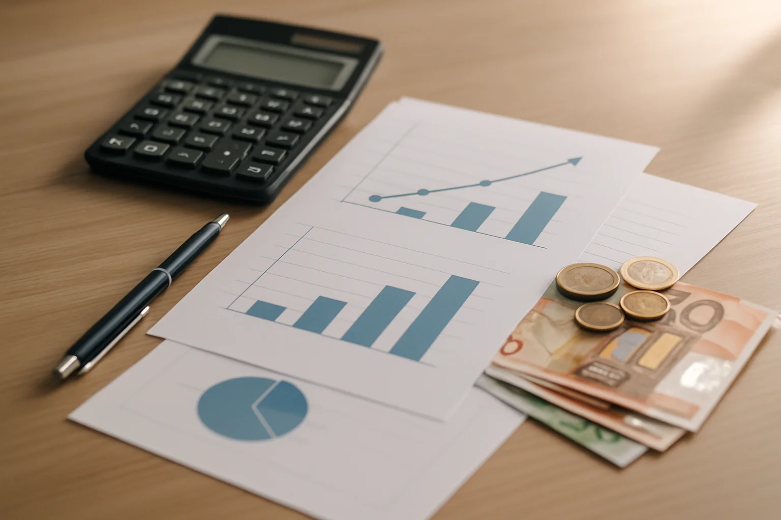 Tisch mit Finanzdokumenten, Taschenrechner und Euro-Münzen als Symbol für den 15-Prozent-Arbeitgeberzuschuss zur bAV