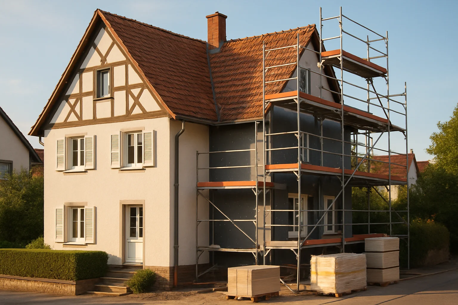 Wohnhaus in Karlsruhe mit Sanierungsarbeiten und Gerüst für Fassadendämmung – finanziert über einen Modernisierungskredit