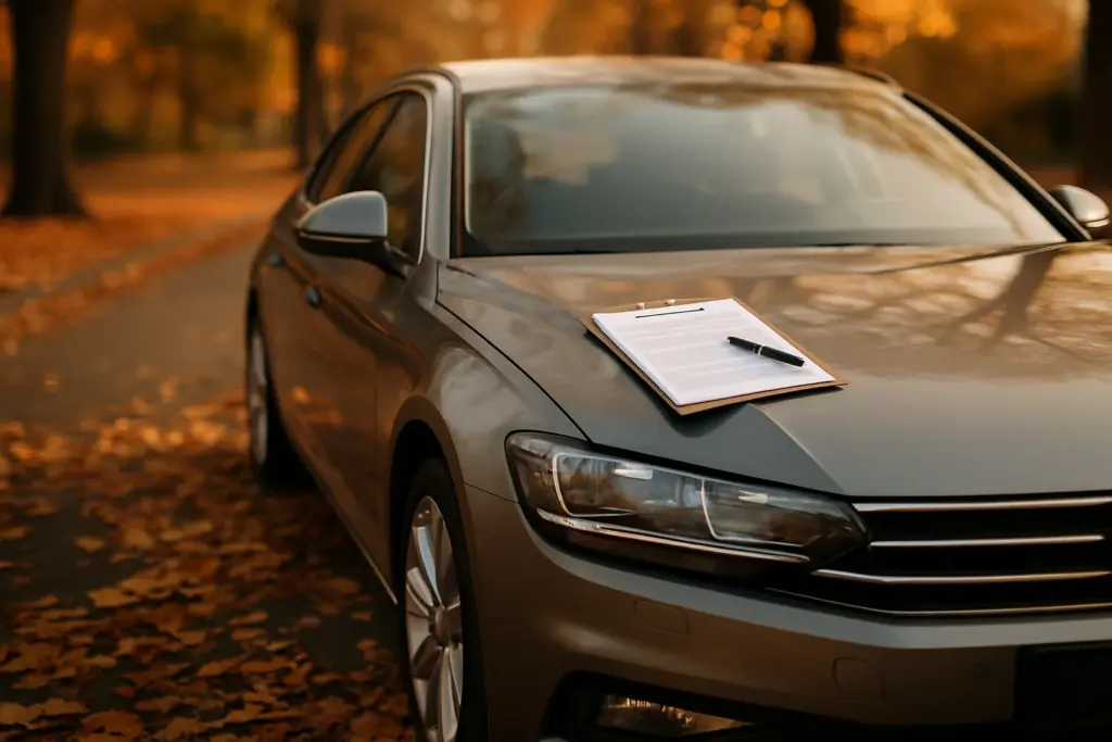 Auto im Herbst mit Versicherungsunterlagen auf der Motorhaube – Kfz Versicherung wechseln