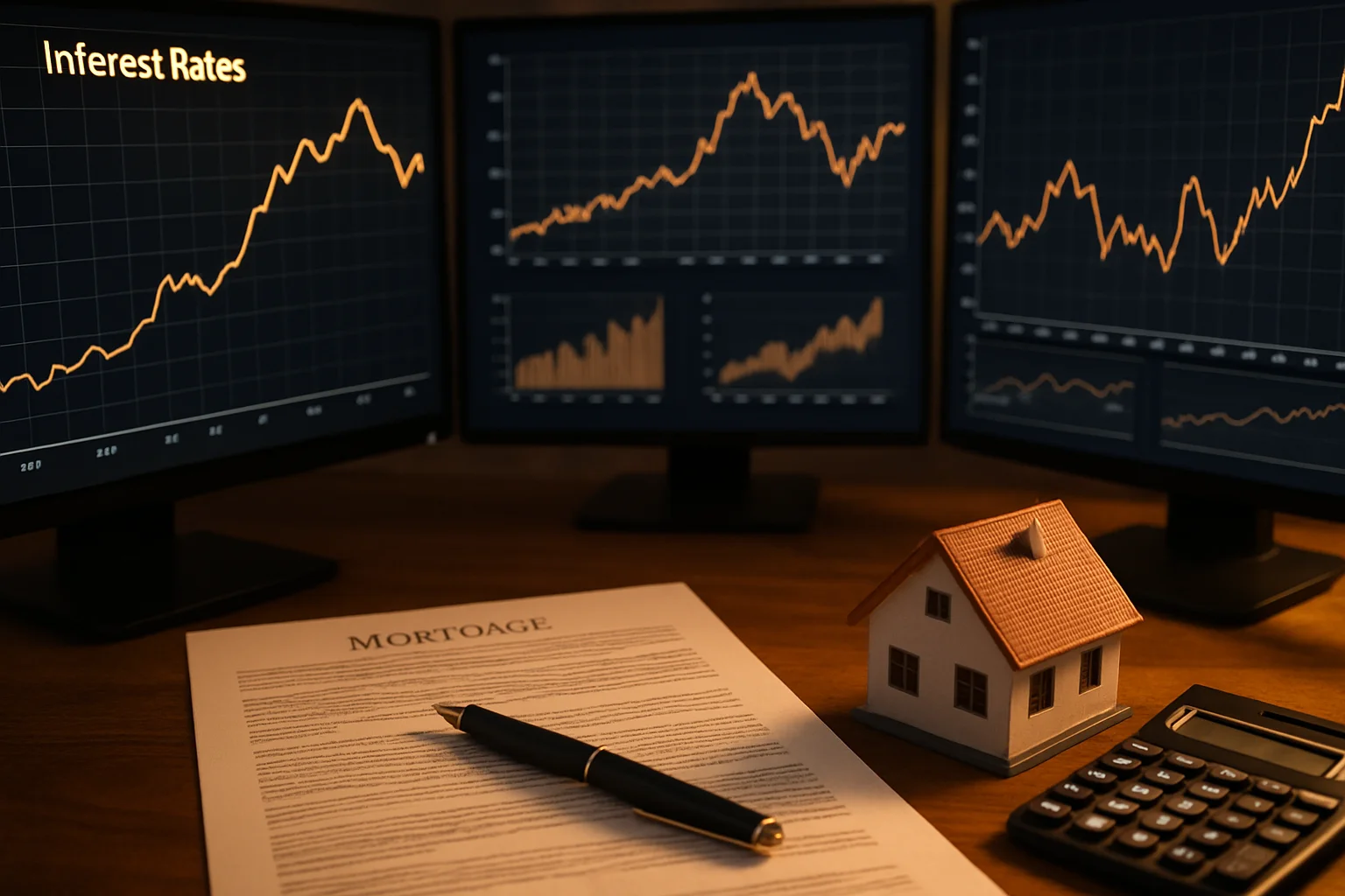 Bauzinsen Analyse – Zinsdiagramme und Hypothekendokumente auf einem Finanzierungsschreibtisch