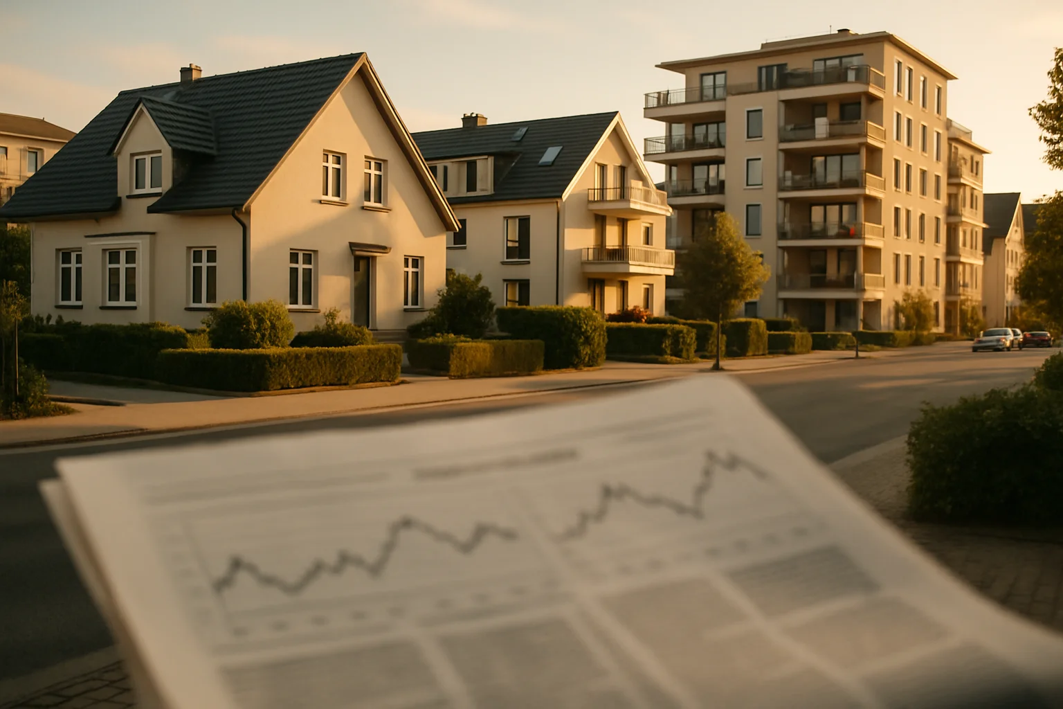 Bauzinsen Entwicklung – Wohnhäuser in einer deutschen Stadt mit Finanzzeitung im Vordergrund