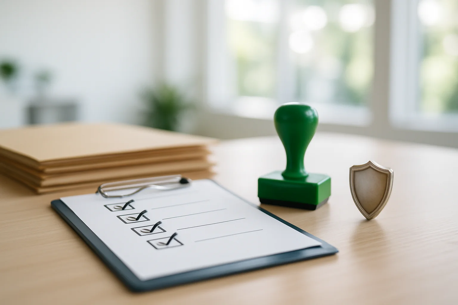Checkliste, Genehmigungsstempel und Schutzschild auf einem Schreibtisch – Überblick über Deckungszusage der Rechtsschutzversicherung