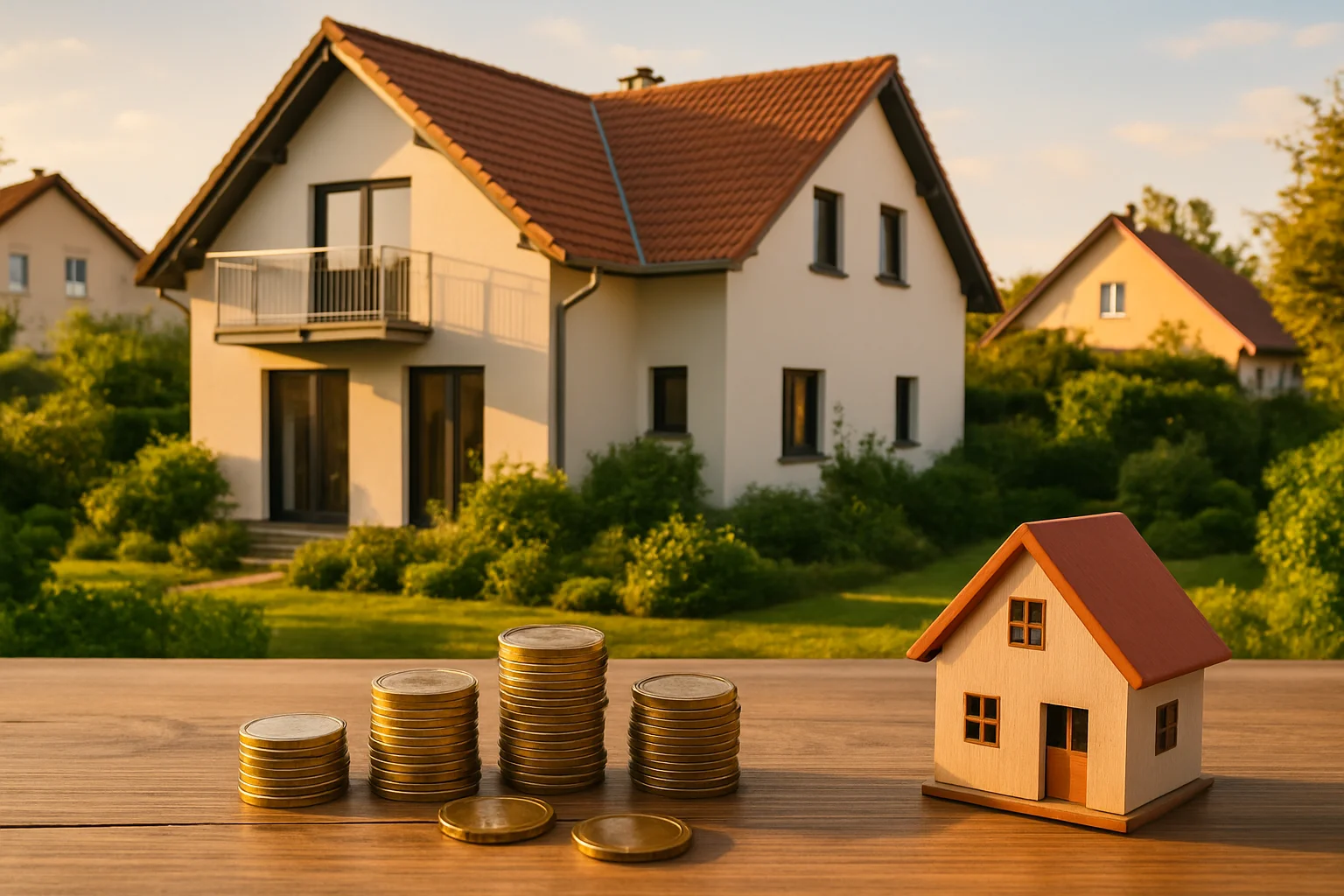 Einfamilienhaus mit Münzen im Vordergrund als Symbol für Eigenkapital beim Hauskauf