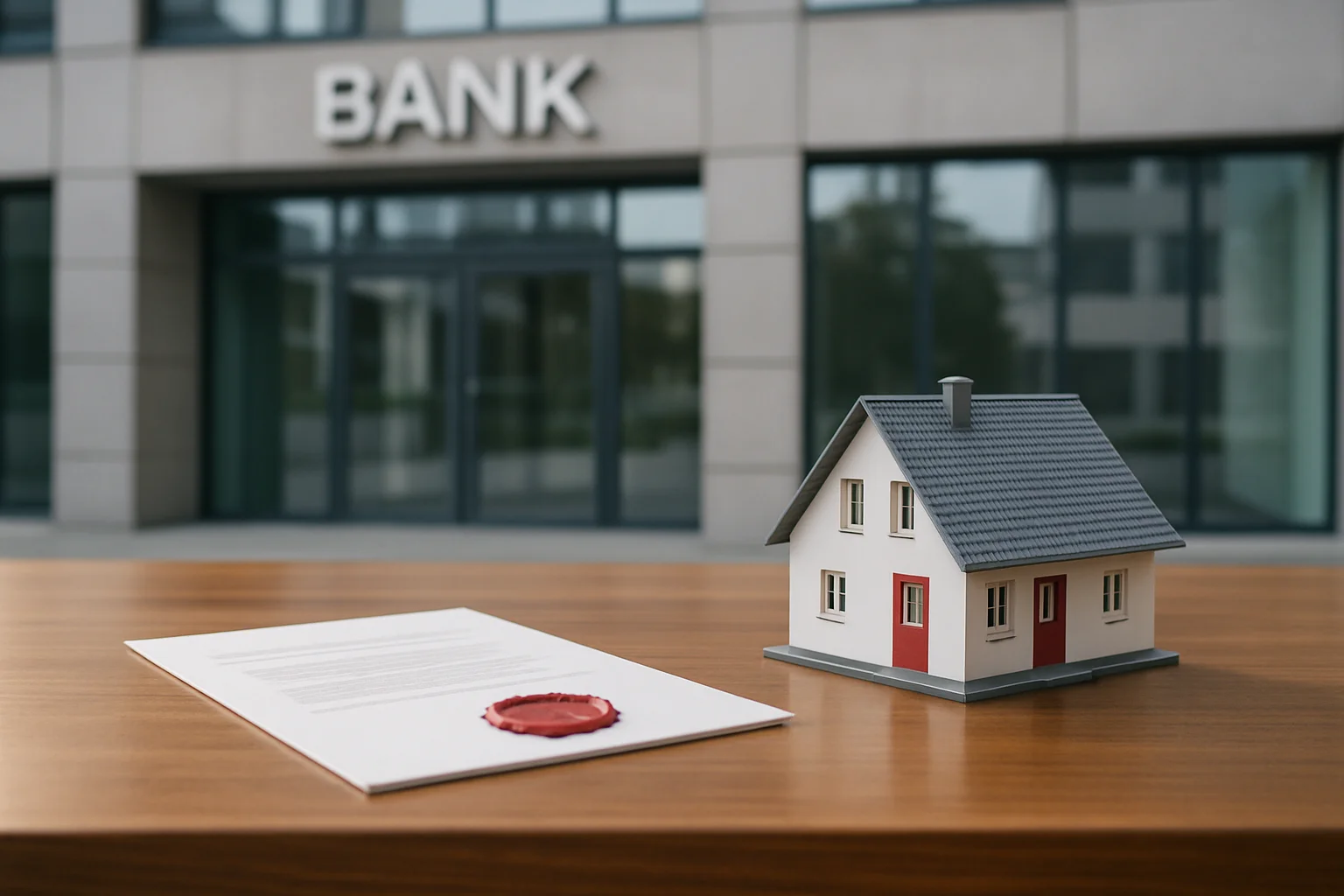 Grundschuld übertragen bei der Umschuldung – Bankgebäude mit Hausminiatur und notariellem Dokument