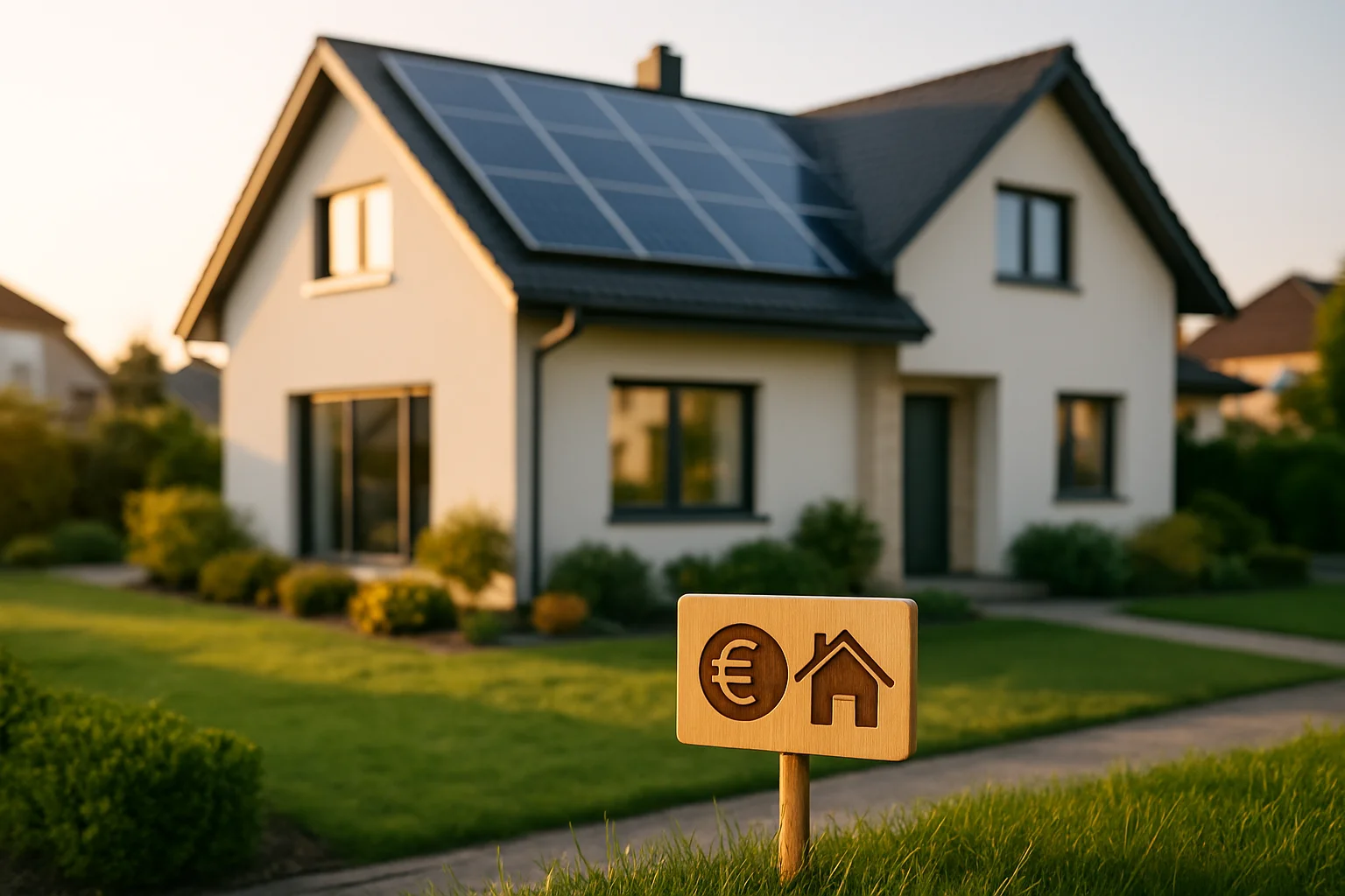 Modernes Einfamilienhaus mit Solarpanelen als Symbol für geförderte Baufinanzierung mit Tilgungszuschuss und zinsverbilligtem Darlehen