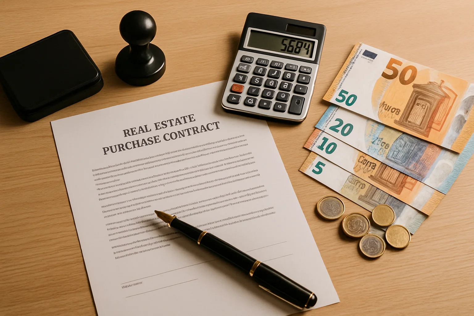 Notarvertrag, Taschenrechner und Euro-Geldscheine – Kaufnebenkosten und Notarkosten beim Immobilienkauf