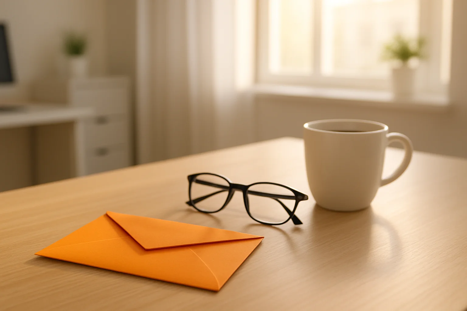 Orangefarbener Umschlag der Deutschen Rentenversicherung auf einem Holzschreibtisch mit Brille und Kaffeetasse
