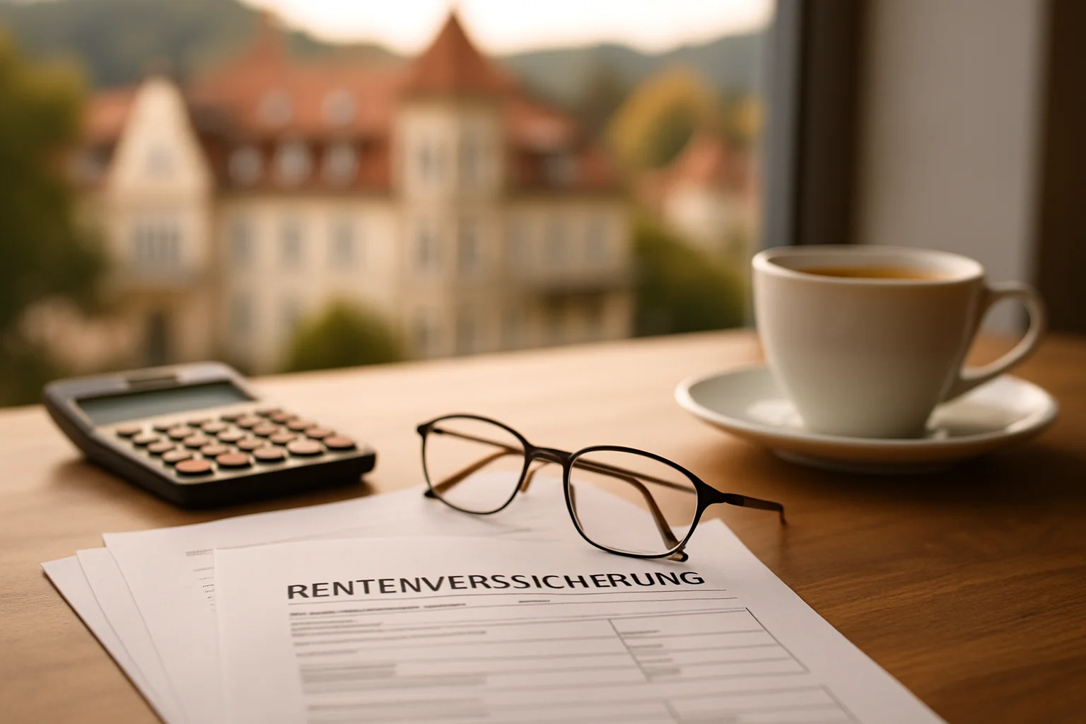 Riester Rente Baden-Baden – Bestandsvertrag prüfen mit Dokumenten und Taschenrechner auf Schreibtisch