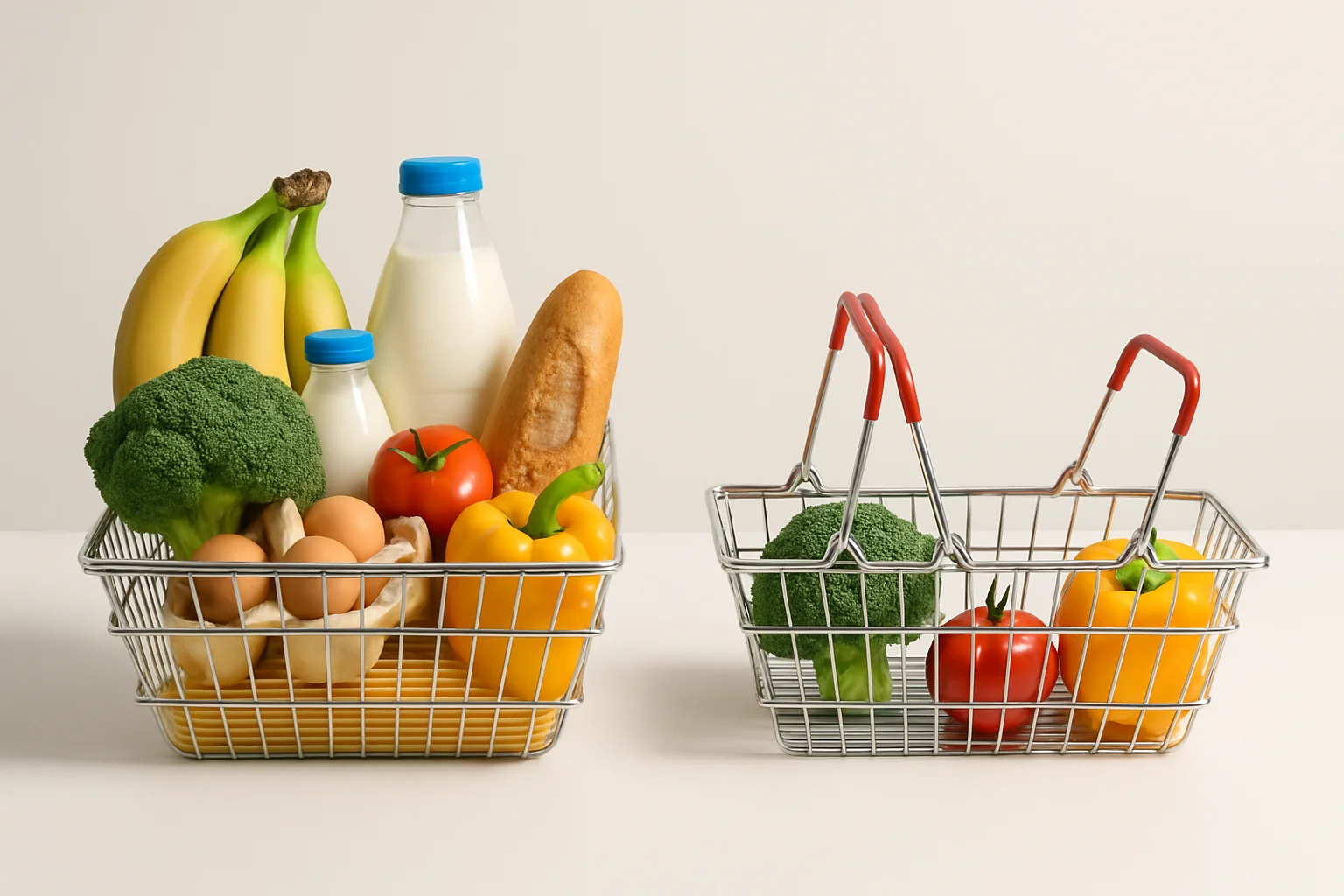 Zwei Einkaufskörbe mit unterschiedlich viel Inhalt symbolisieren den Kaufkraftverlust der Rente über die Zeit