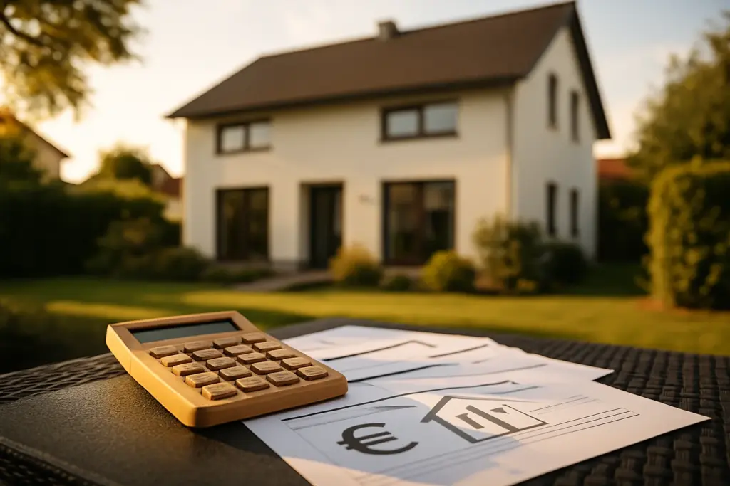 Einfamilienhaus mit Baufinanzierungsunterlagen und Taschenrechner auf einem Tisch – Tilgungssatz Baufinanzierung wählen