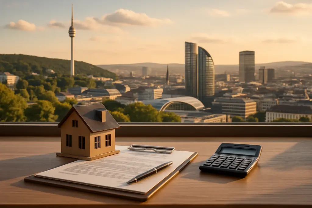 Immobilienfinanzierung Stuttgart – Stadtsilhouette mit Hausmodell und Finanzierungsunterlagen auf einem Schreibtisch