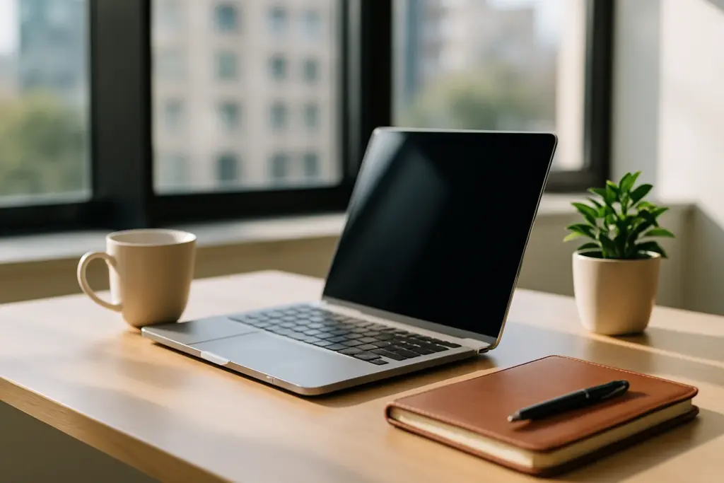 Moderner Schreibtisch eines Berufseinsteiger mit Laptop und Notizbuch als Symbol für den Start ins Berufsleben und die Bedeutung der Berufsunfähigkeitsversicherung für Berufseinsteiger