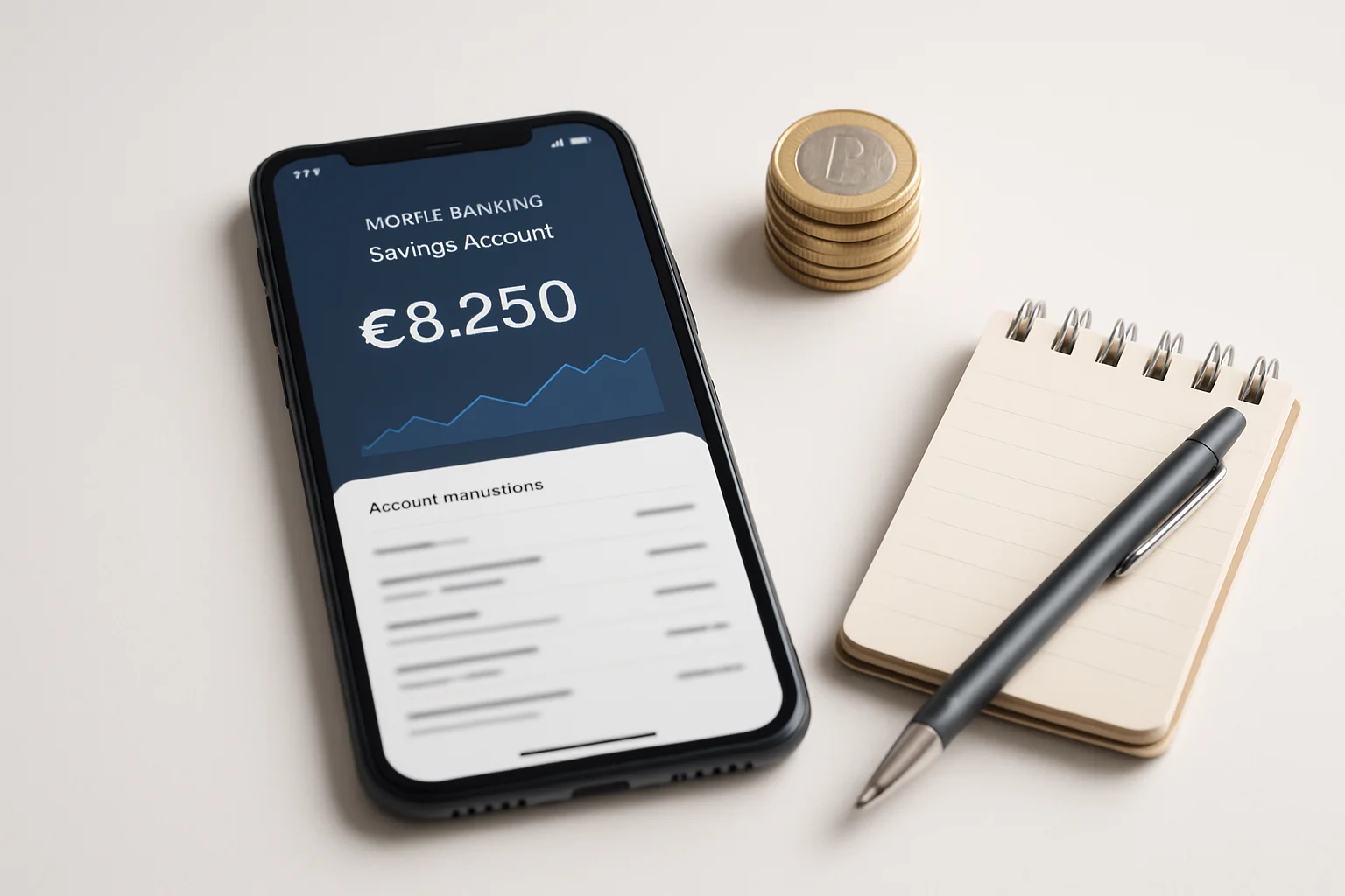 Notgroschen auf Tagesgeldkonto verwalten – Smartphone mit Banking-App und Münzstapel