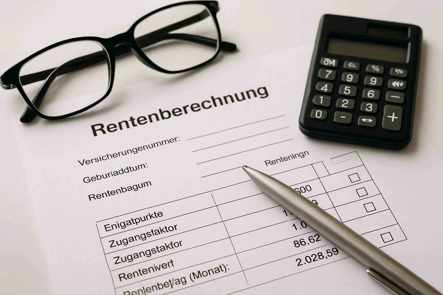 Rentenunterlagen und Berechnungsformular zur Erwerbsminderungsrente mit Taschenrechner und Stift